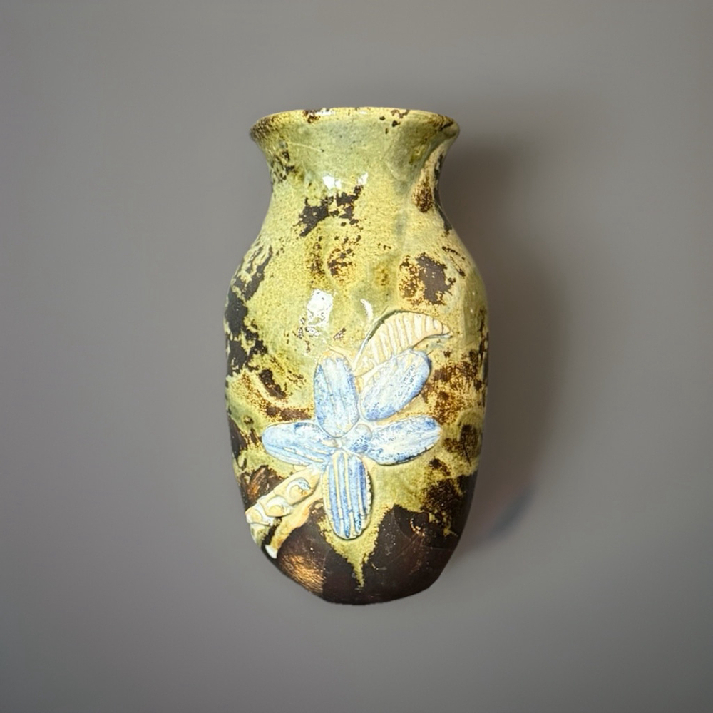 Art Pottery Green Brown Blue Floral Wall Pocket /Vase